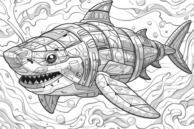 Photo a drawing of a shark in the ocean coloring book for kids