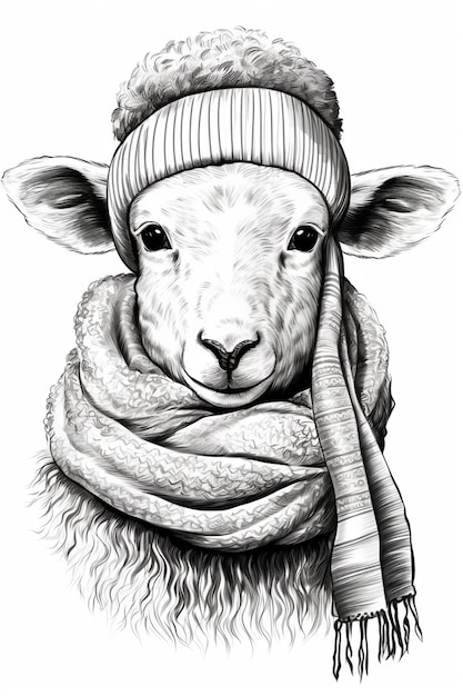 A drawing of a sheep wearing a hat and scarf generative ai