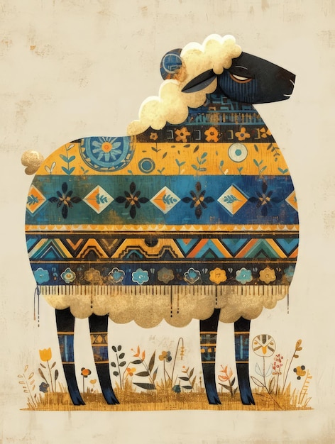 a drawing of a sheep with a blue and gold pattern