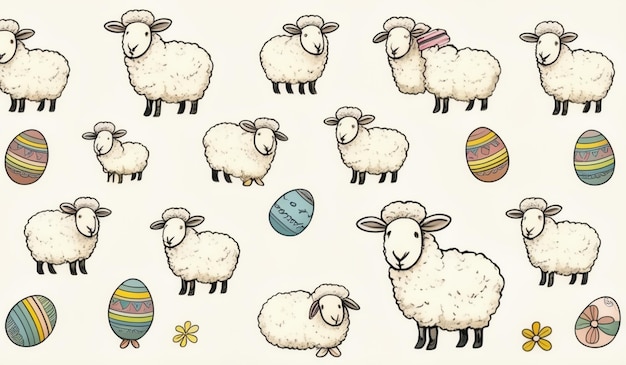 Photo a drawing of sheeps with a blue egg in the middle