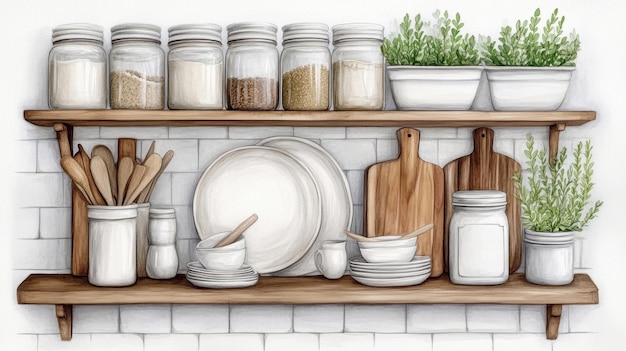 A drawing of a shelf with jars and plates on it AI