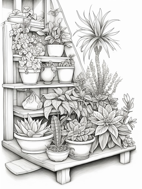 Photo a drawing of a shelf with potted plants and a planter generative ai