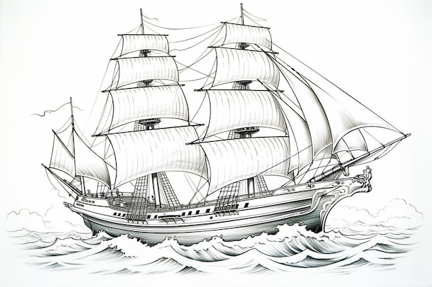 a drawing of a ship with a white sail on it