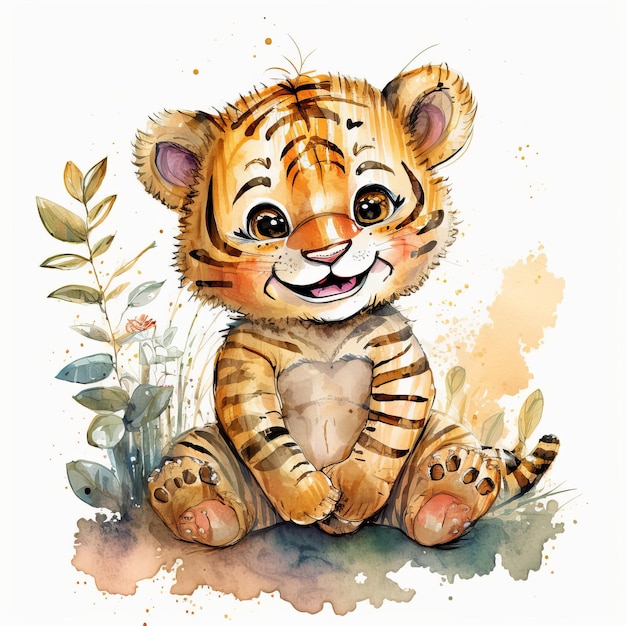 Drawing of a sitting tiger cub on a white background watercolor Generative AI