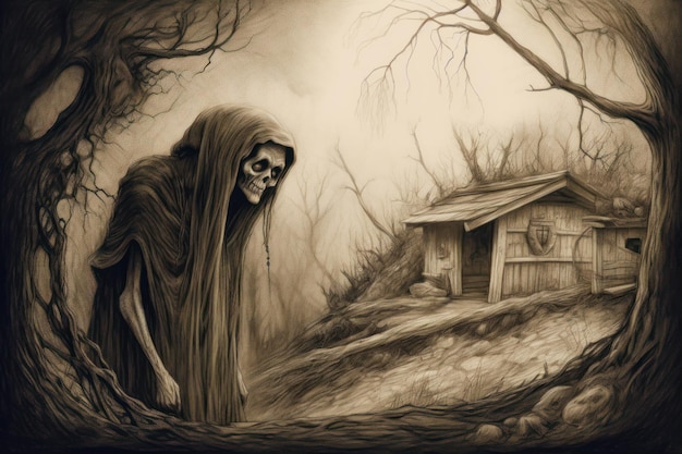 Drawing of skeleton in front of house with ghost in front of it Generative AI