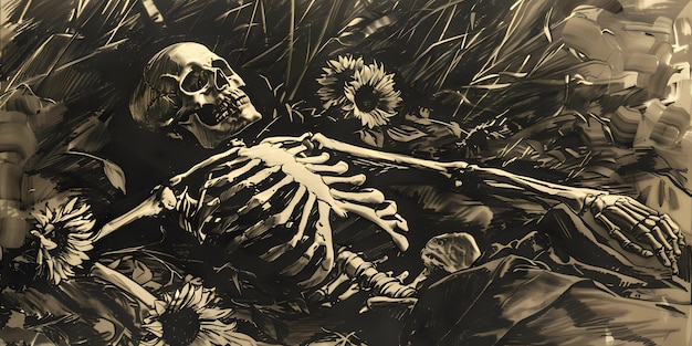 Photo a drawing of a skeleton laying in the grass with a flower in the middle