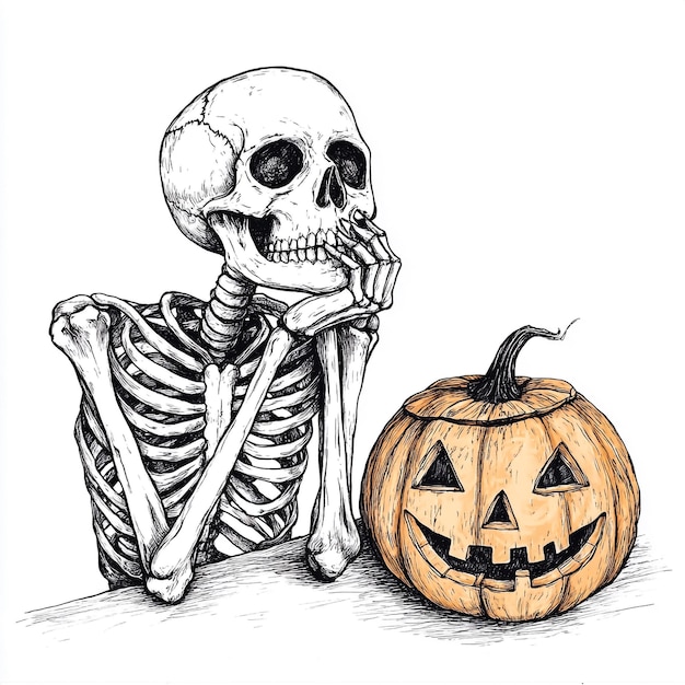 a drawing of a skeleton and a pumpkin