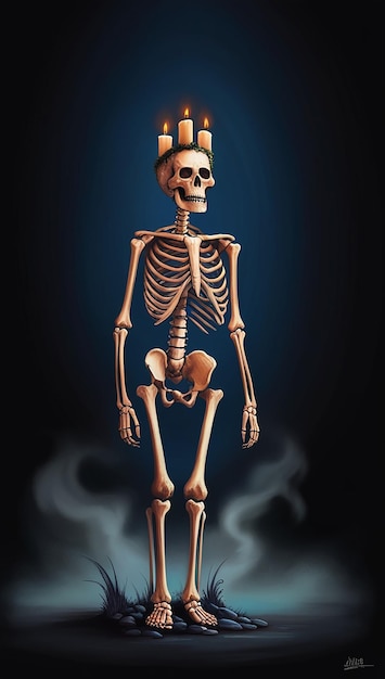 a drawing of a skeleton with a blue background