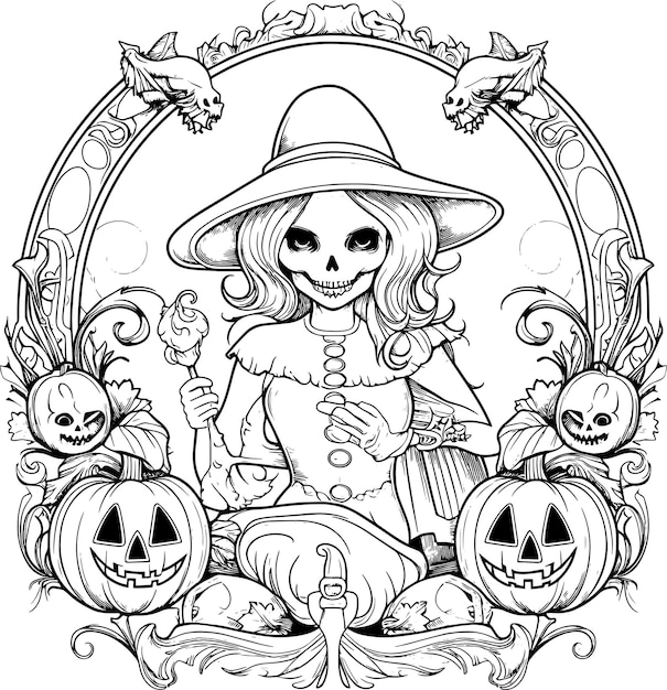 Photo a drawing of a skeleton with a pumpkin and a woman wearing a hat