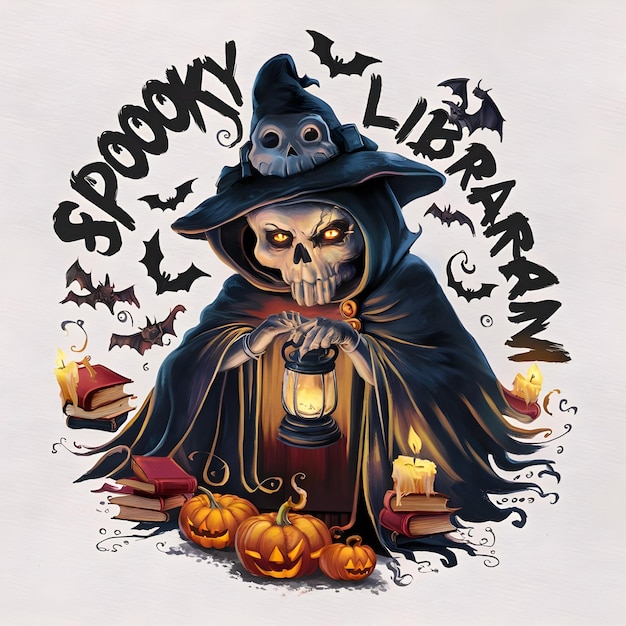 a drawing of a skeleton with a witch hat and a pumpkin with bats and bats