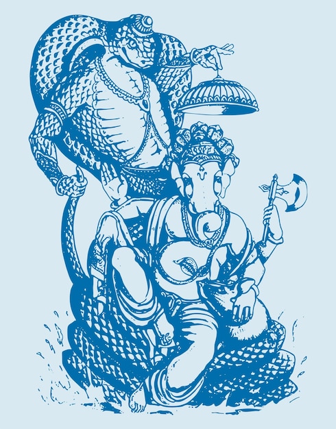 Drawing or Sketch of hindu god Lord Shiva son Lord Ganesha outline editable illustration