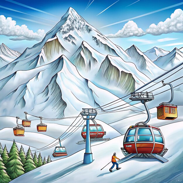 Photo a drawing of a ski lift with a mountain in the background