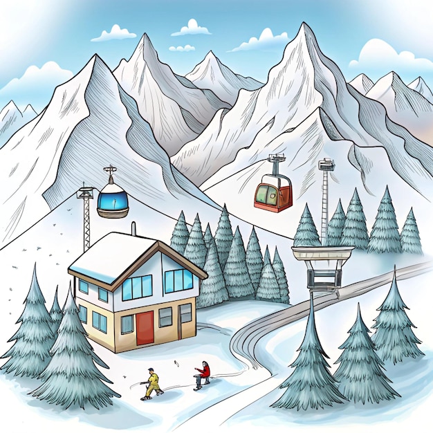 Photo a drawing of a ski resort with a skier and a ski lift