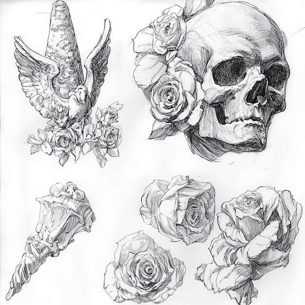 Photo a drawing of a skull and roses with wings and wings