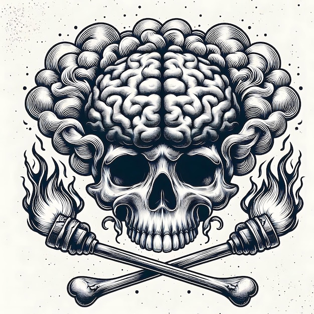 a drawing of a skull and swords with the words  brain  on it