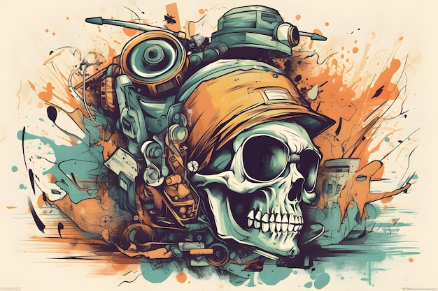 Drawing of skull wearing helmet with machine gun in the background Generative AI