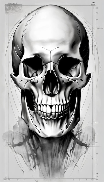 a drawing of a skull with a black nose and a black and white image of a skull