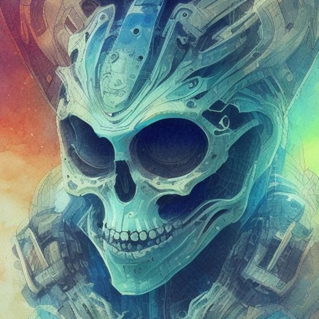 a drawing of a skull with a blue eye and a blue and orange background