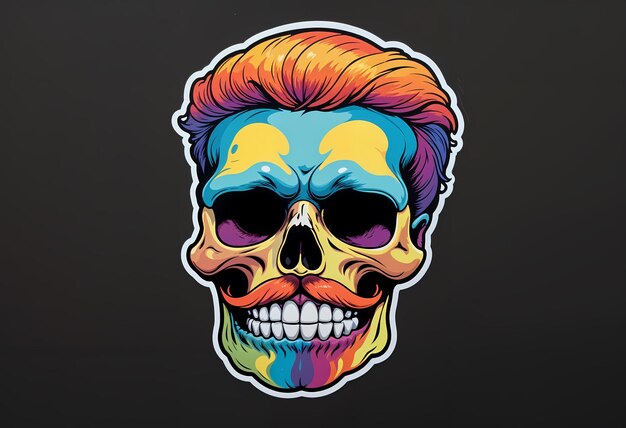 Photo a drawing of a skull with a colorful mustache and a blue and yellow face