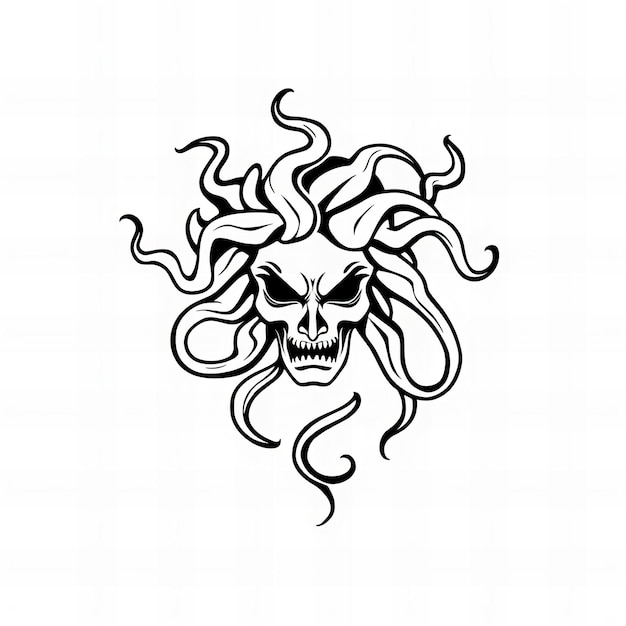 a drawing of a skull with a curly hair on it