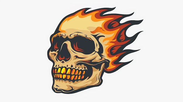 a drawing of a skull with flames on it