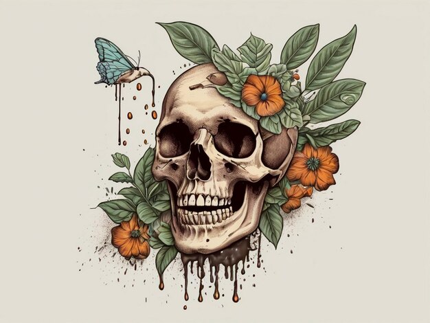 A drawing of a skull with flowers and a bird on it