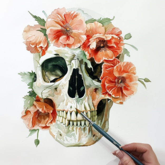 Photo a drawing of a skull with flowers in the middle of it