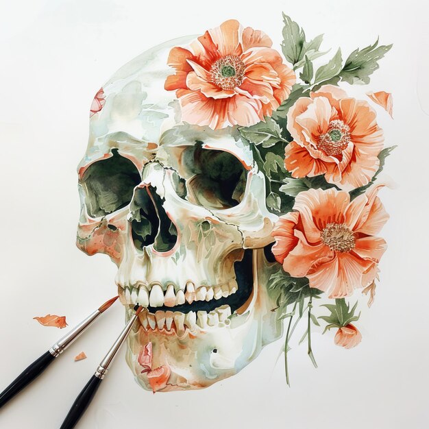 Photo a drawing of a skull with flowers and a pencil