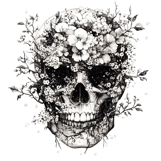 Photo a drawing of a skull with flowers and a skull on it