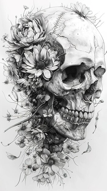 Photo a drawing of a skull with flowers and a skull