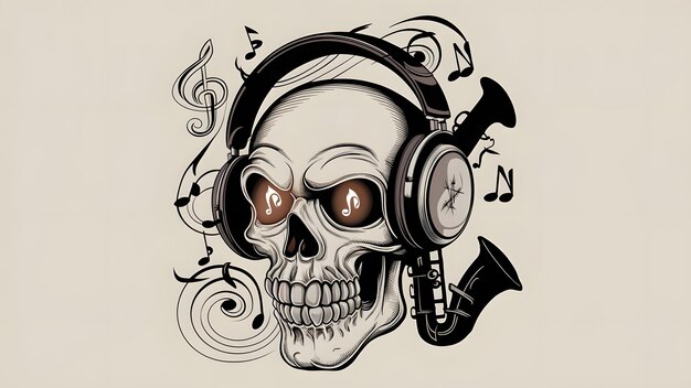 Photo a drawing of a skull with headphones and a skull with music notes