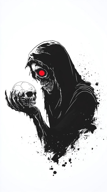 a drawing of a skull with red eyes and a skull in the middle