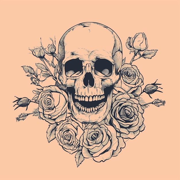 Photo a drawing of a skull with roses on it