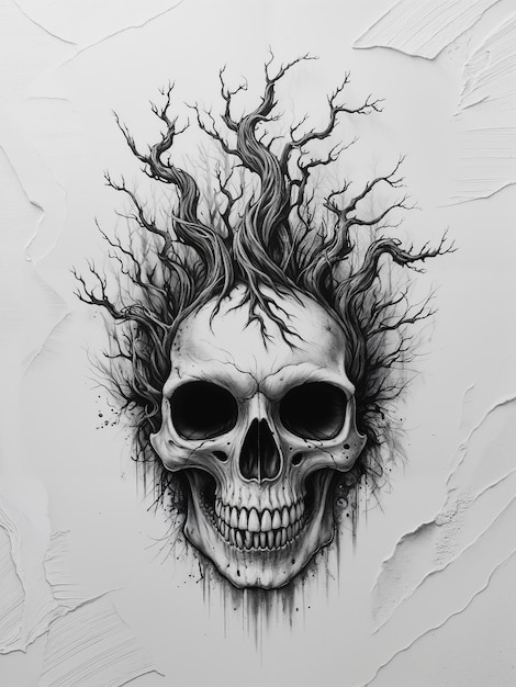 a drawing of a skull with a skull and horns