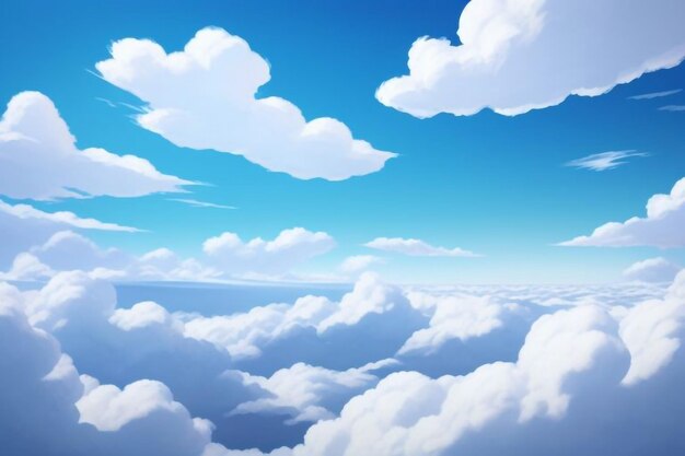 a drawing of a sky with clouds and the ocean below