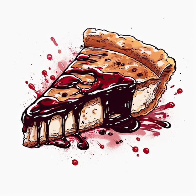 A drawing of a slice of pie with a red sauce on it.