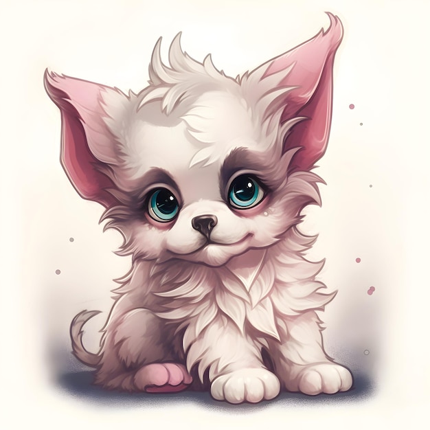 A drawing of a small dog with blue eyes and a pink nose.