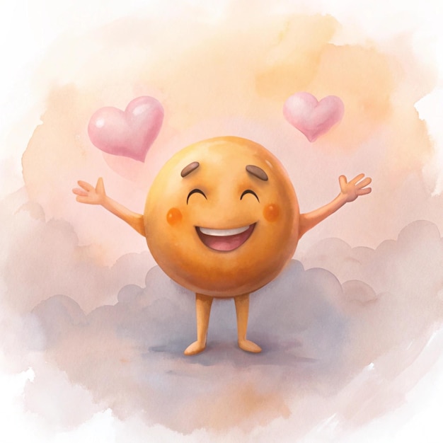 a drawing of a smiling orange smiley face with hearts in the background