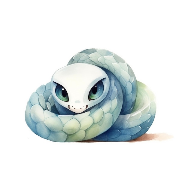 A drawing of a snake with blue eyes and a green tail.