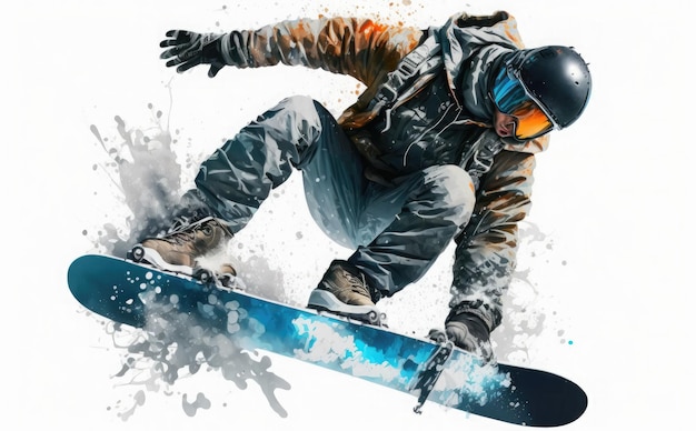 A drawing of a snowboarder that is in the air.