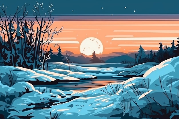 A drawing of a snowy landscape with a sunset in the background.