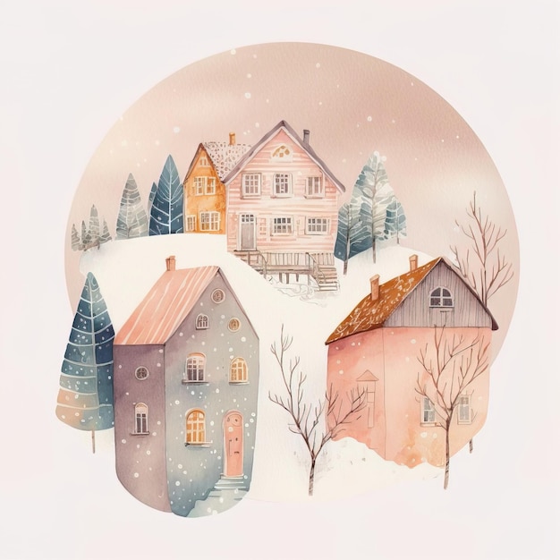 A drawing of a snowy village with houses and trees in the snow.