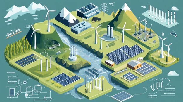 Photo a drawing of a solar farm with a picture of a solar farm