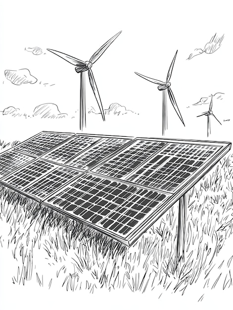 Photo a drawing of a solar farm with a wind farm in the background