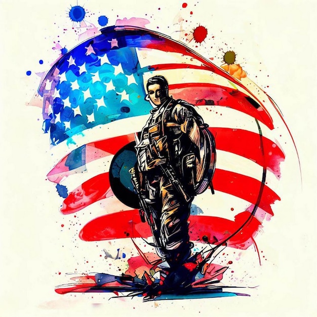 A drawing of a soldier with the american flag on it.