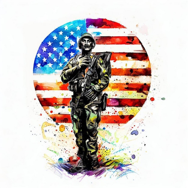 A drawing of a soldier with the american flag on it.