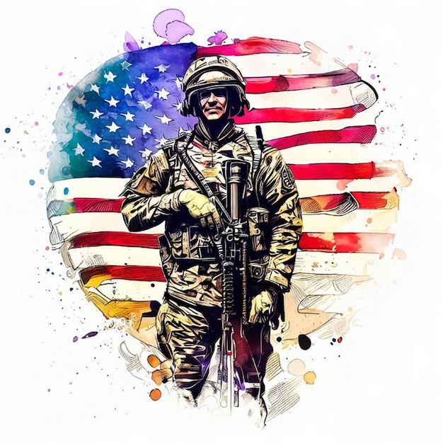 A drawing of a soldier with an american flag