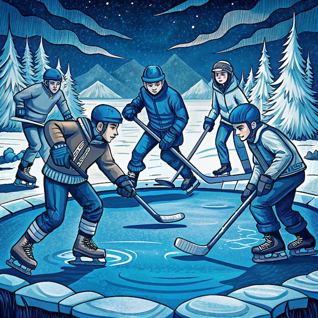 Photo a drawing of some hockey players on a frozen pond