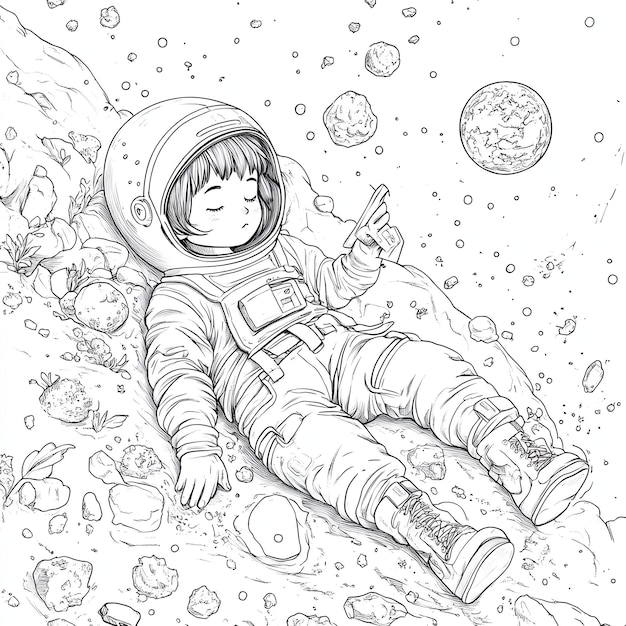 Photo a drawing of a space suit on a white paper with a girl on it