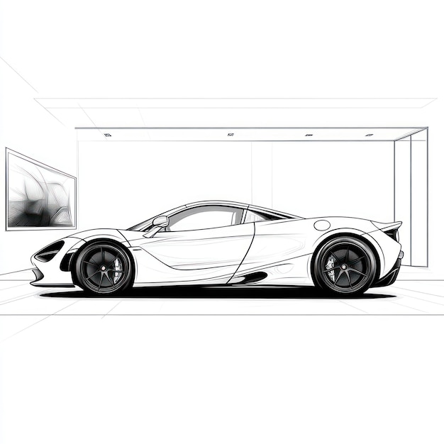 a drawing of a sports car in a garage with a black and white drawing